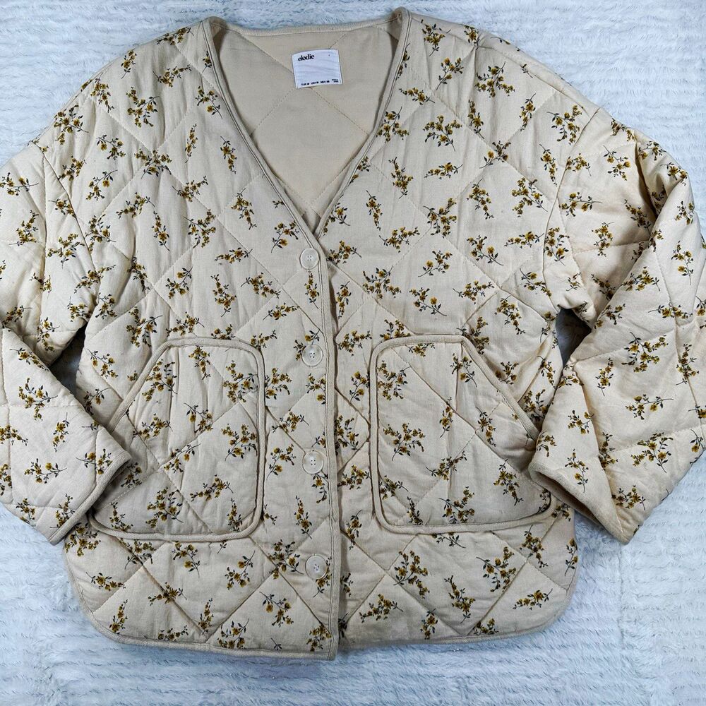 Elodie Women’s Ecru Floral Quilted Short Jacket Button Front Pockets LS Medium